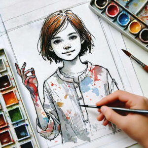 Eine Hand mit Pinsel malt einen kindliche Figur umgeben von bunten Farben.